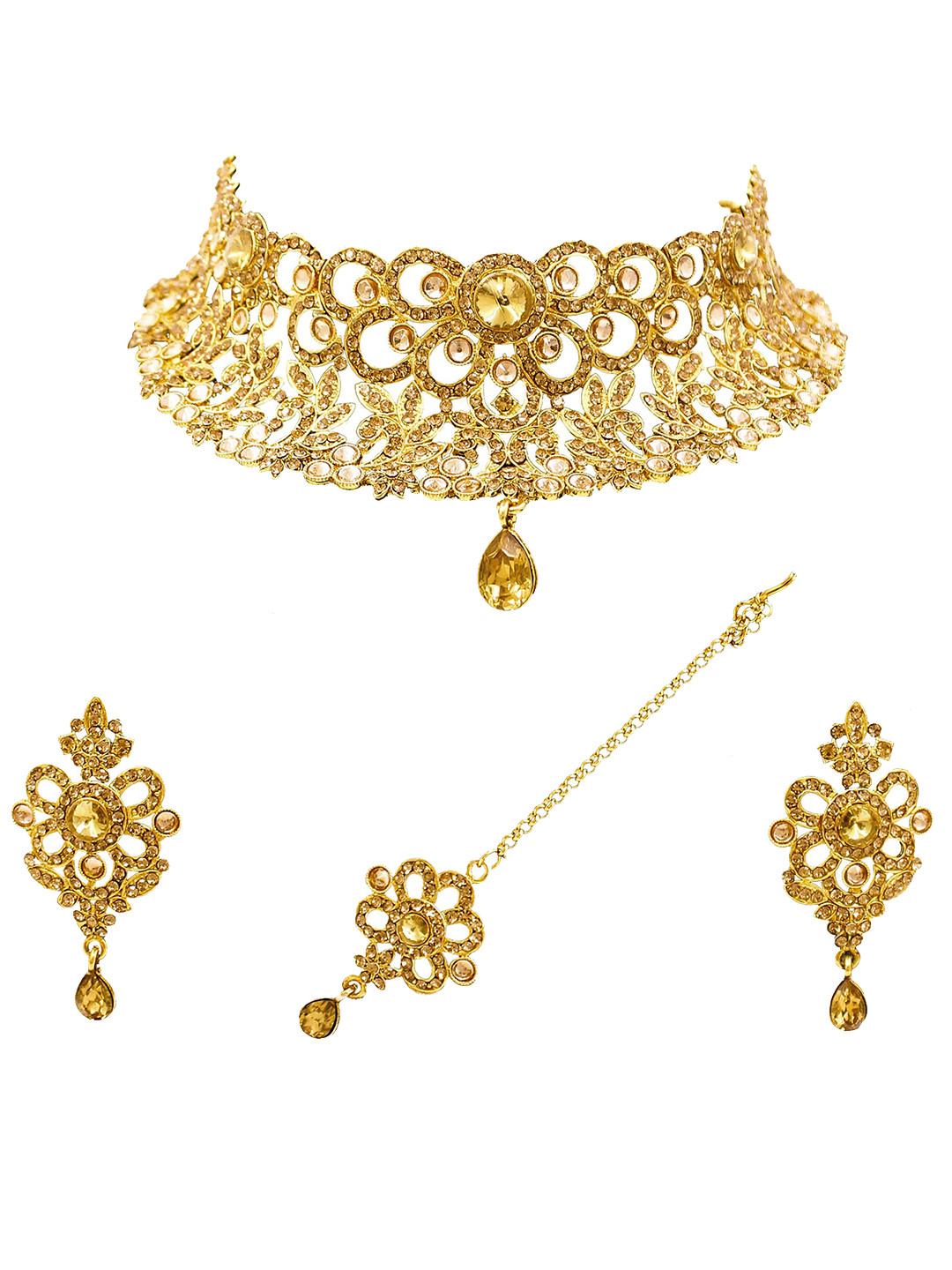 SAIYONI Gold-Plated AD-Studded Floral Design Choker Necklace Earring With Maangtikka Jewellery Set