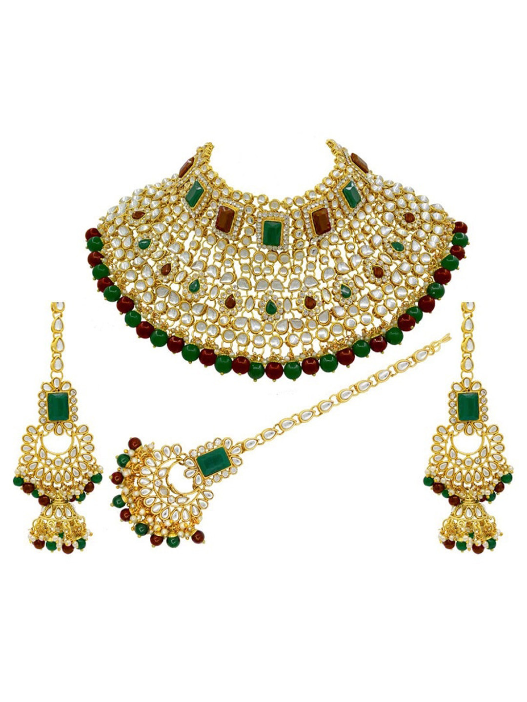 SAIYONI Gold-Plated Green & Red Kundan-Studded Jewellery Set