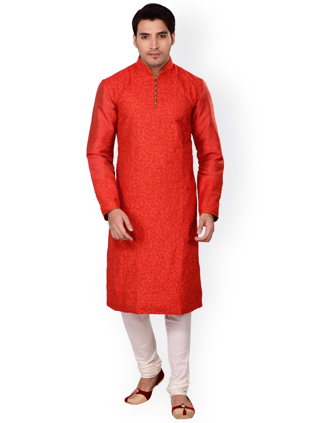 Buy Manyavar Men Red White Floral Embroidered Kurta With Churidar Kurta Sets For Men 1845573 Myntra Gold plain raw silk kurta pajama. myntra