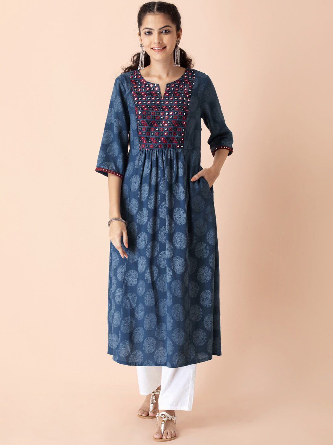 Earthen BY INDYA Women Blue & botanical garden Geometric Dyed Keyhole Neck Cold-Shoulder Sleeves Thread Work Kurta