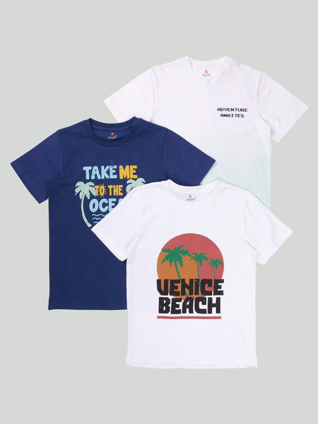 Zalio Boys Multicoloured Pack of 3 Typography Printed Pure Cotton T-shirt