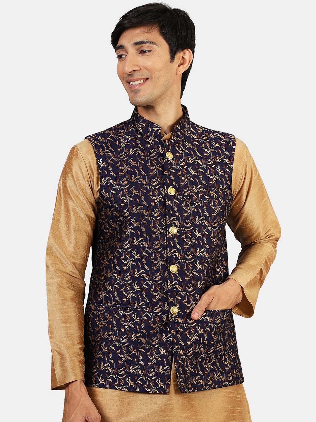 Wintage Men Navy-Blue & Gold-Colored Woven-Design Nehru Jacket