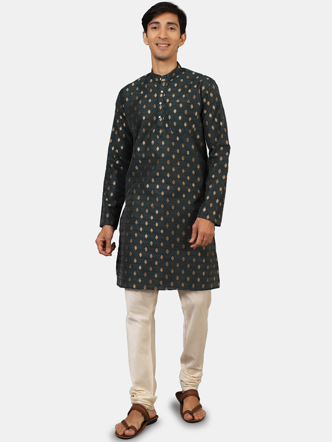 Wintage Men Green & Cream Kurta with Churidar