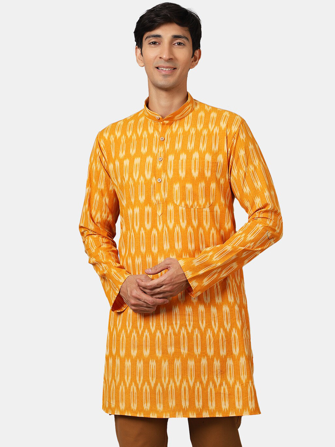 Wintage Men Yellow Ikat Printed Cotton Kurta