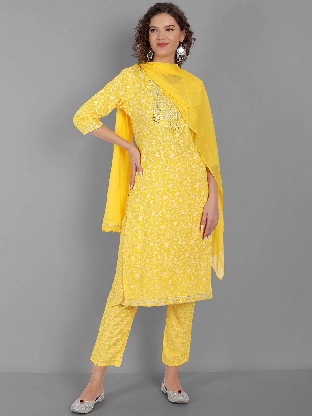 SINGNI Women Yellow Ethnic Motifs Kurti with Trousers & With Dupatta