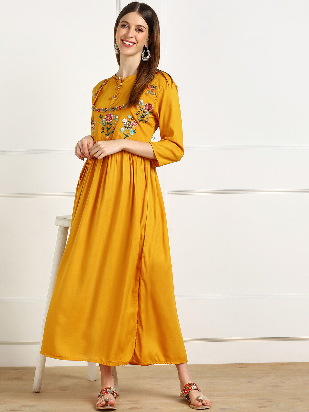 shashvi Yellow & Yellow Floral Embroidered Thread Work Thread Work Anarkali Kurti