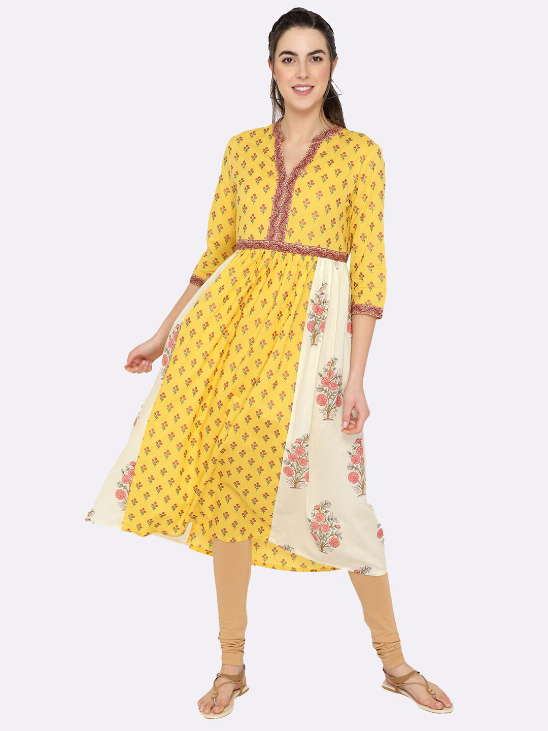 shashvi Yellow & Yellow Geometric Printed Pure Cotton Kurti
