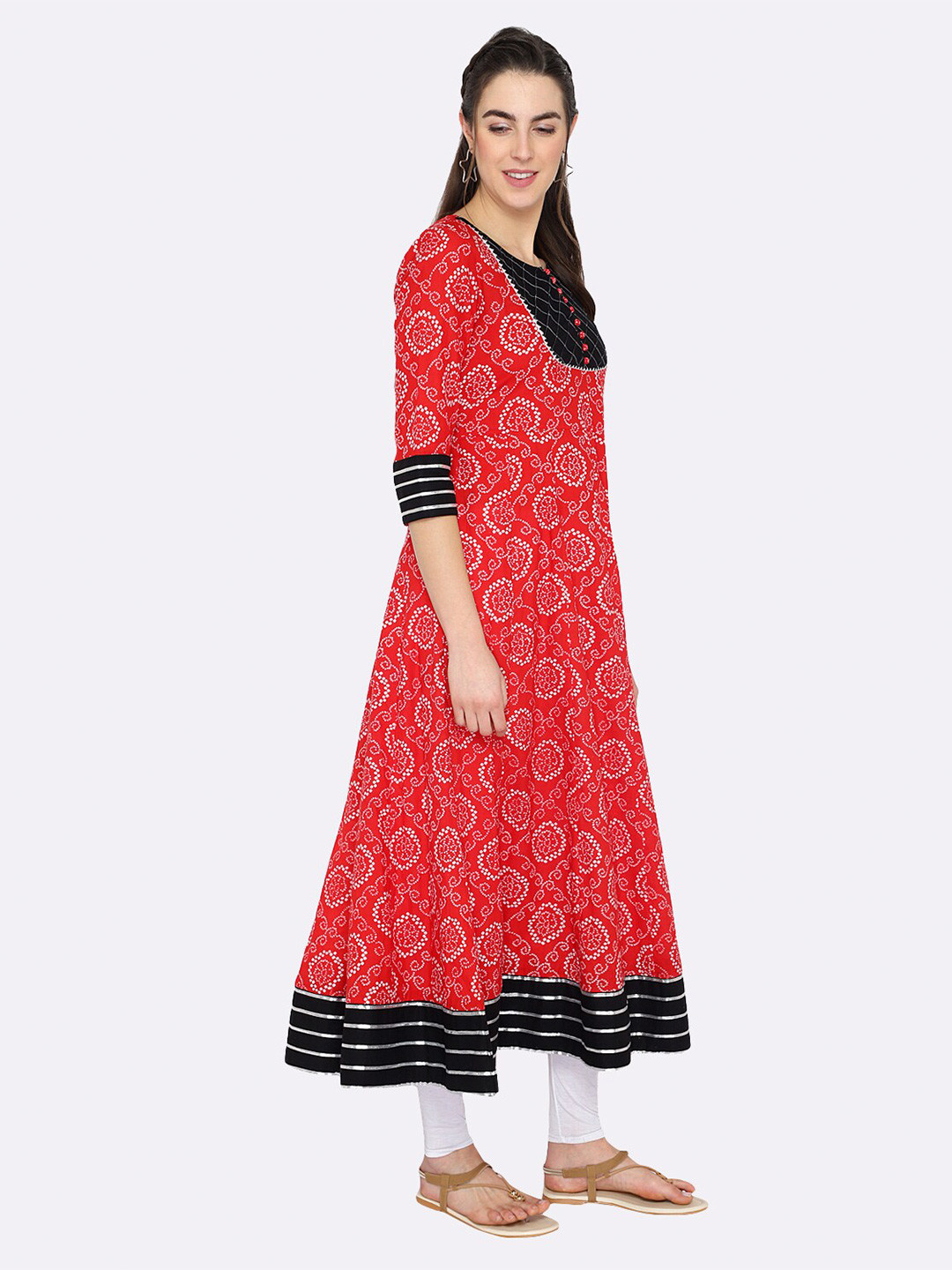 shashvi Red & Red Bandhani Printed Pure Cotton Kurti