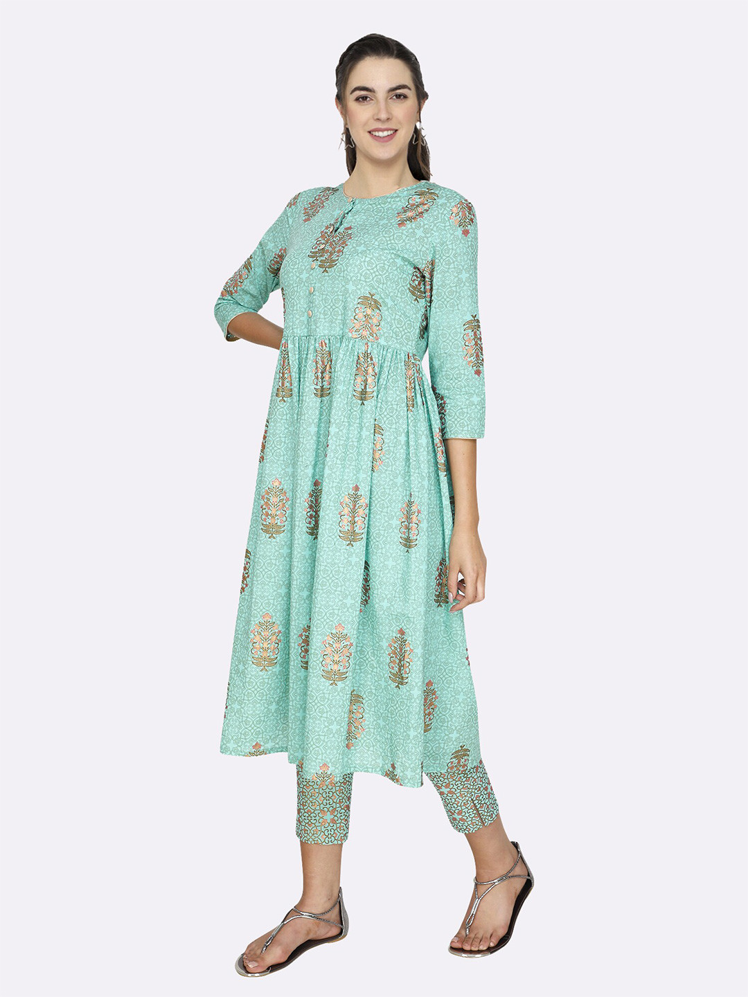shashvi Turquoise Blue & Turquoise Blue Paisley Printed Pure Cotton Kurti
