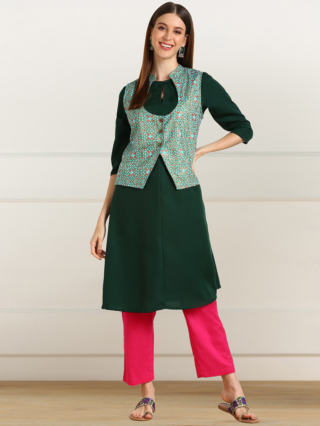 shashvi Turquoise Blue & Turquoise Blue Floral Printed Kurti