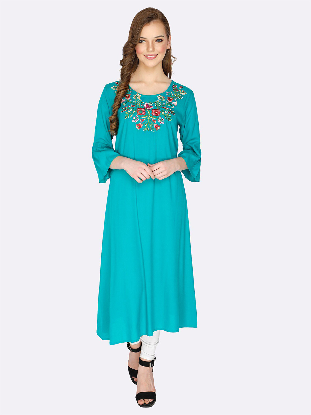 shashvi Teal & Teal Floral Embroidered Thread Work Thread Work Anarkali Kurti