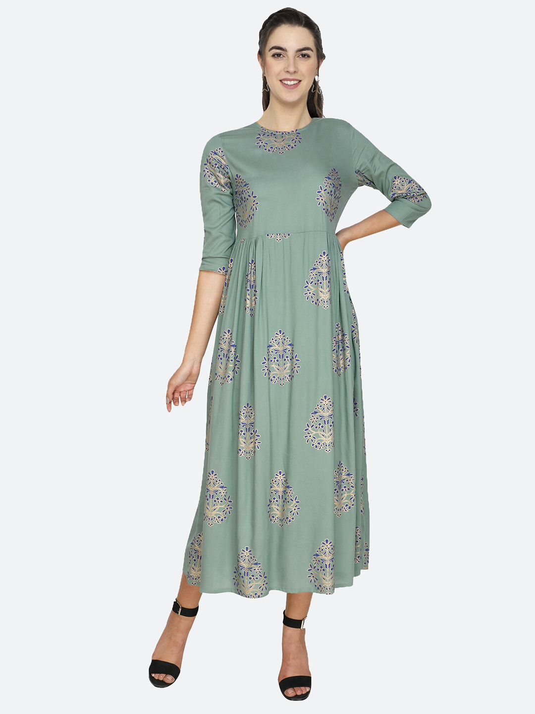 shashvi Green & Green Floral Printed Pure Cotton Anarkali Kurti