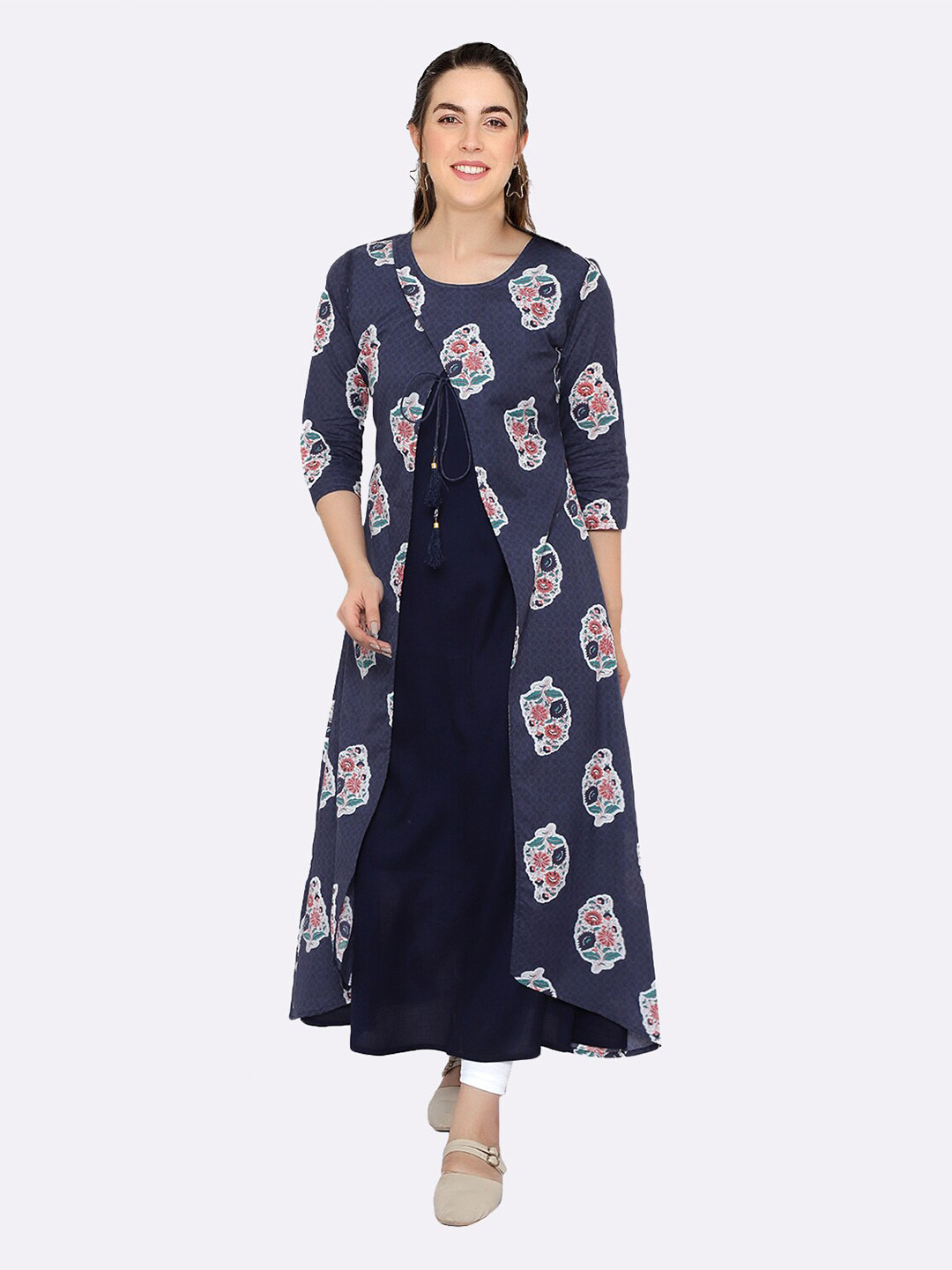 shashvi Blue & Blue Botanical Printed Thread Work Thread Work Kurti
