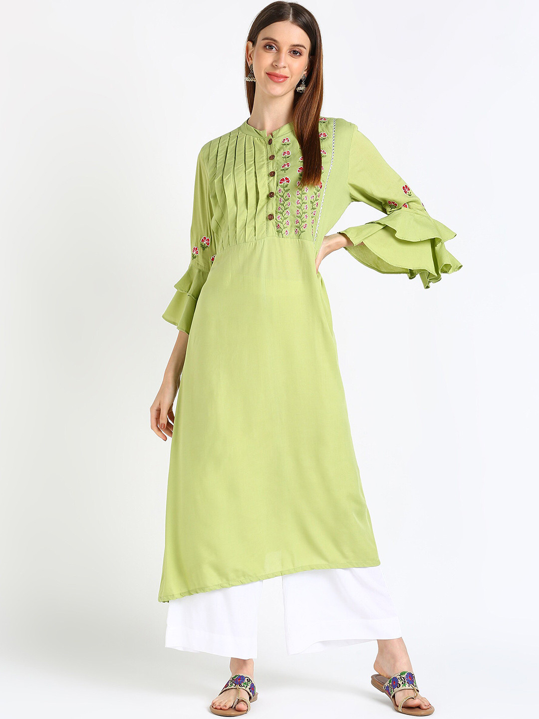 shashvi Green & Green Botanical Embroidered Thread Work Thread Work Kurti