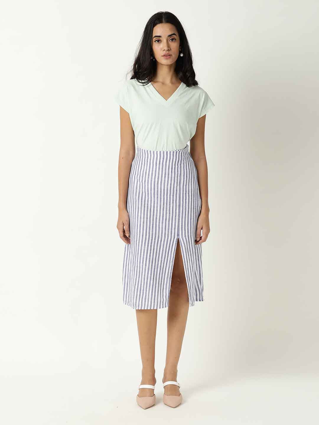 RAREISM Women Moonly Blue Striped A-Line Skirts
