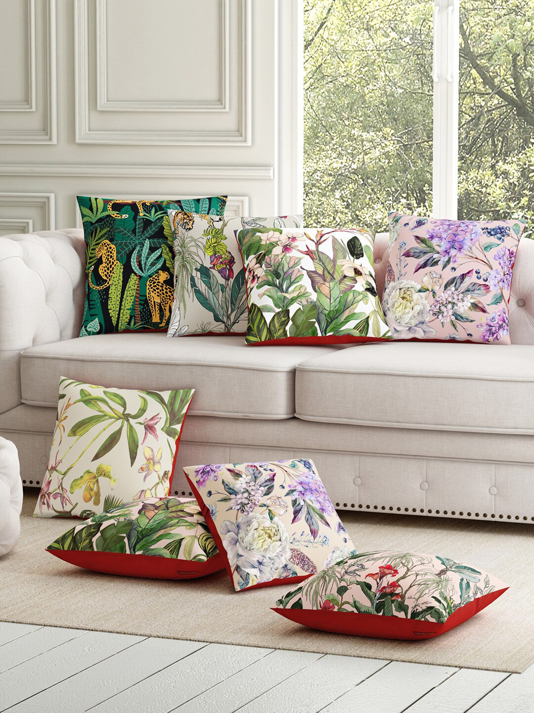 SEJ by Nisha Gupta Green Floral Polyester Silk Washable 8 Pcs Cushion Covers -16x16In
