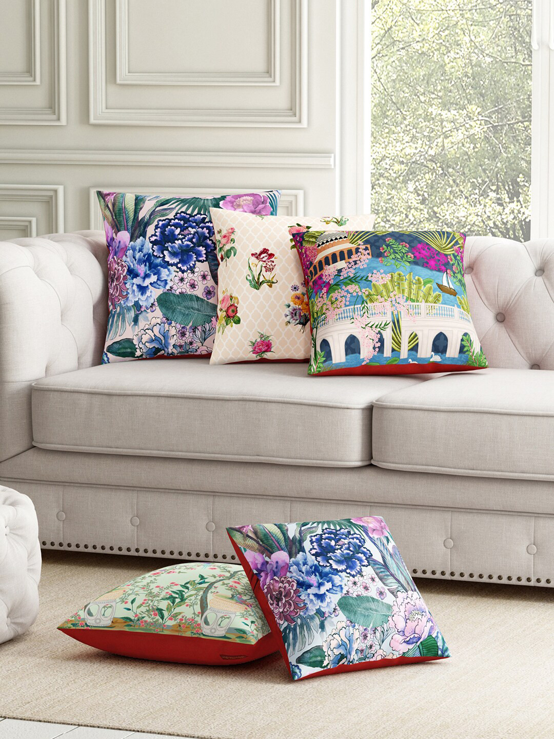 SEJ by Nisha Gupta Floral Polyester HD Digital 5 Pcs Cushion Covers - 11.8 x 11.8 In