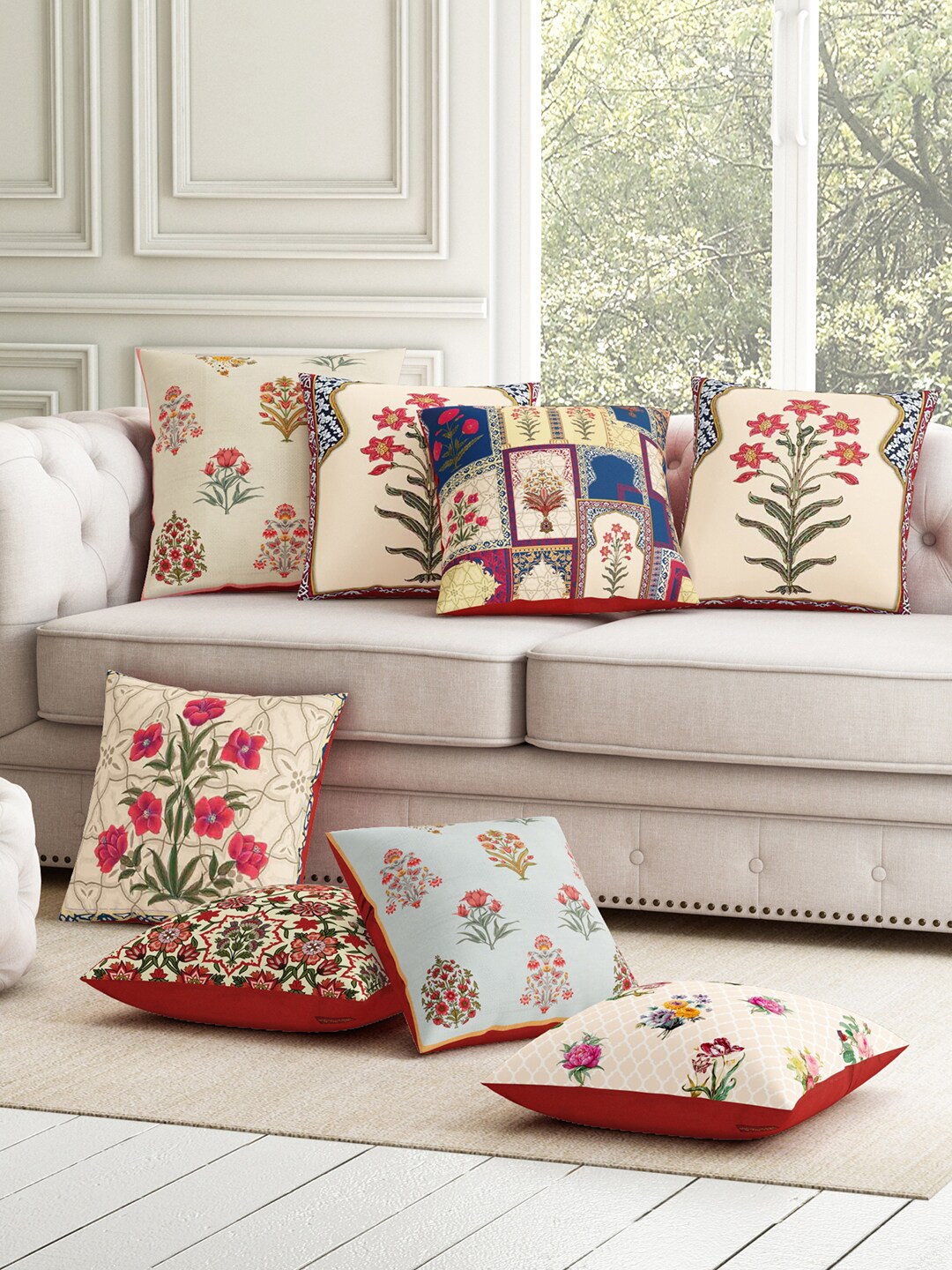 SEJ by Nisha Gupta Ethnic Motifs Polyester HD Digital 8 Pcs Cushion Covers - 11.8x11.8In