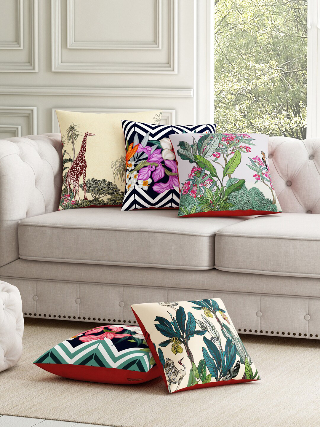 SEJ by Nisha Gupta Abstract Floral Polyester Durable 5 Pcs Cushion Covers - 11.8 x 11.8 In
