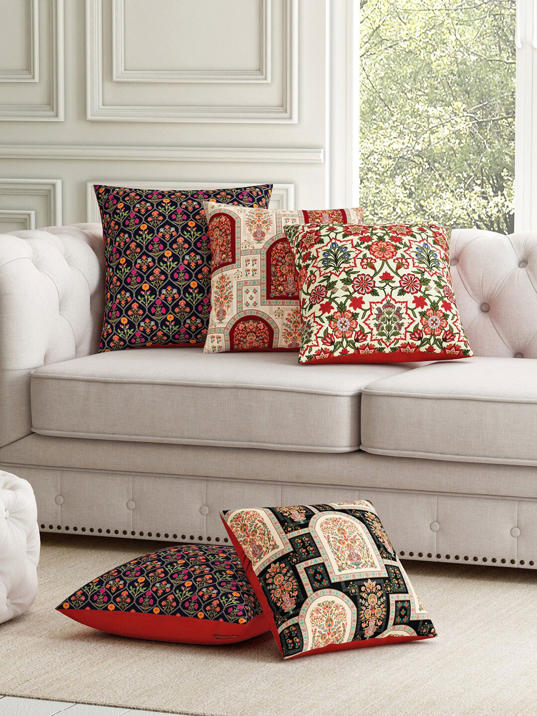 SEJ by Nisha Gupta Ethnic Motifs Polyester HD Digital 5 Pcs Patchwork Cushion Covers -15.7x15.7In