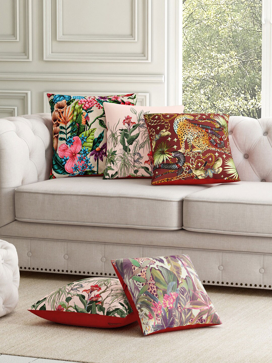 SEJ by Nisha Gupta Pink Floral Polyester HD Digital 5 Piece Square Cushion Covers -12x12In