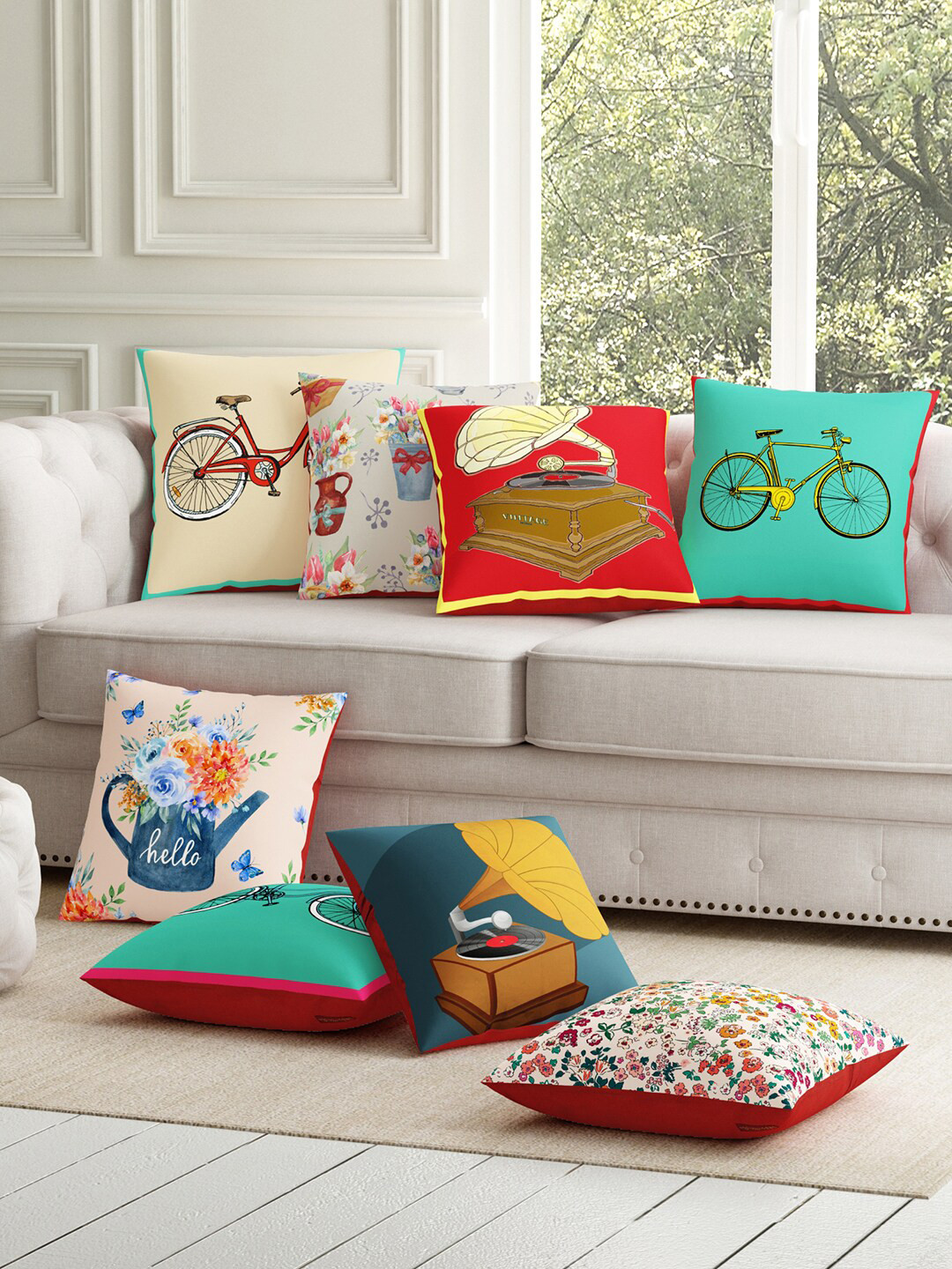 SEJ by Nisha Gupta Red Quirky Polyester HD Digital 8 Piece Square Cushion Covers -12x12In