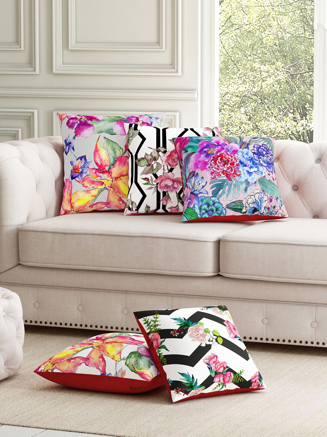 SEJ by Nisha Gupta Floral Polyester Washable 5 Pcs Square Cushion Covers - 11.8 x 11.8 In