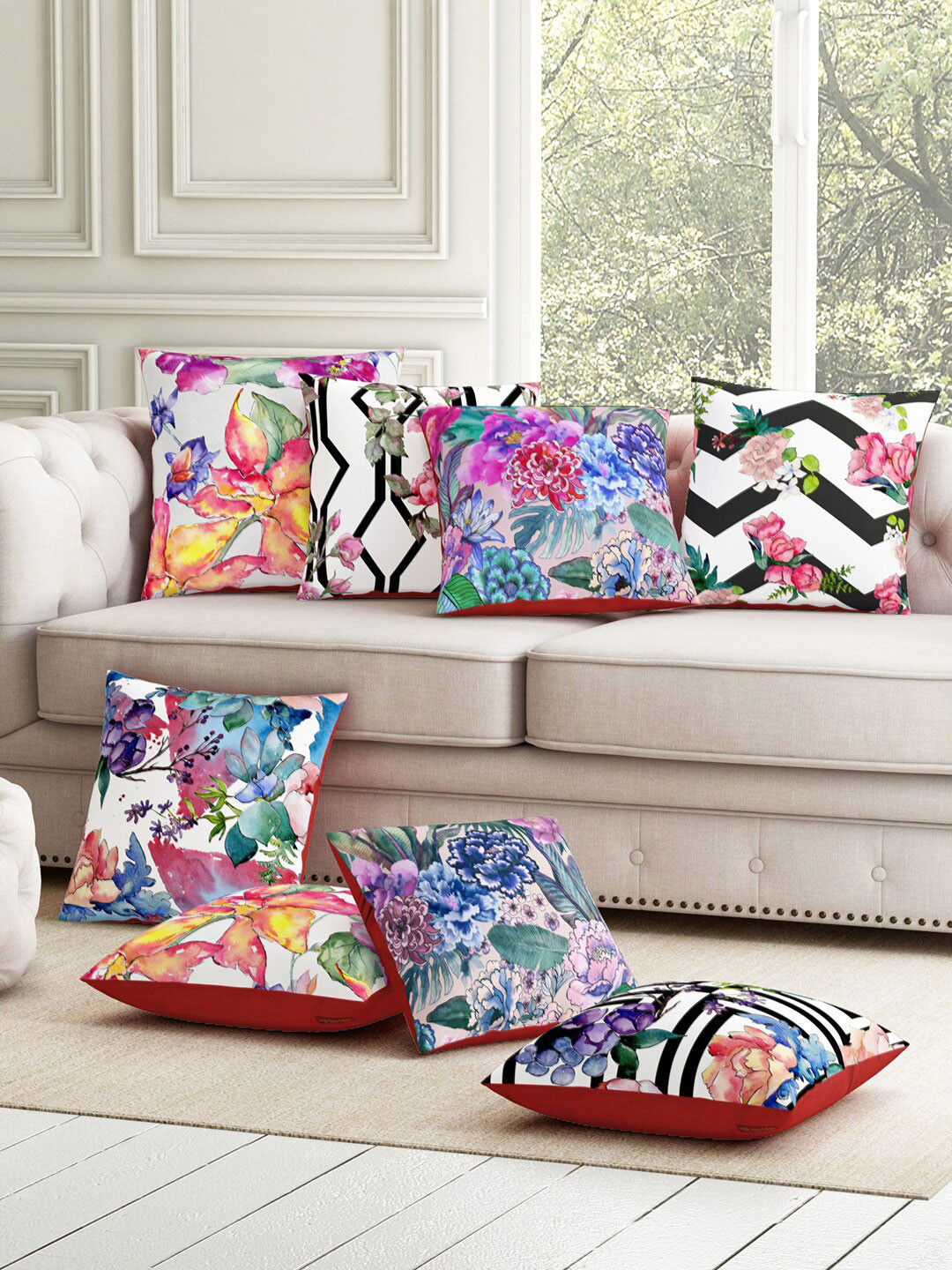 SEJ by Nisha Gupta White Floral Polyester Breathable 8 Pcs Square Cushion Covers -16x16In