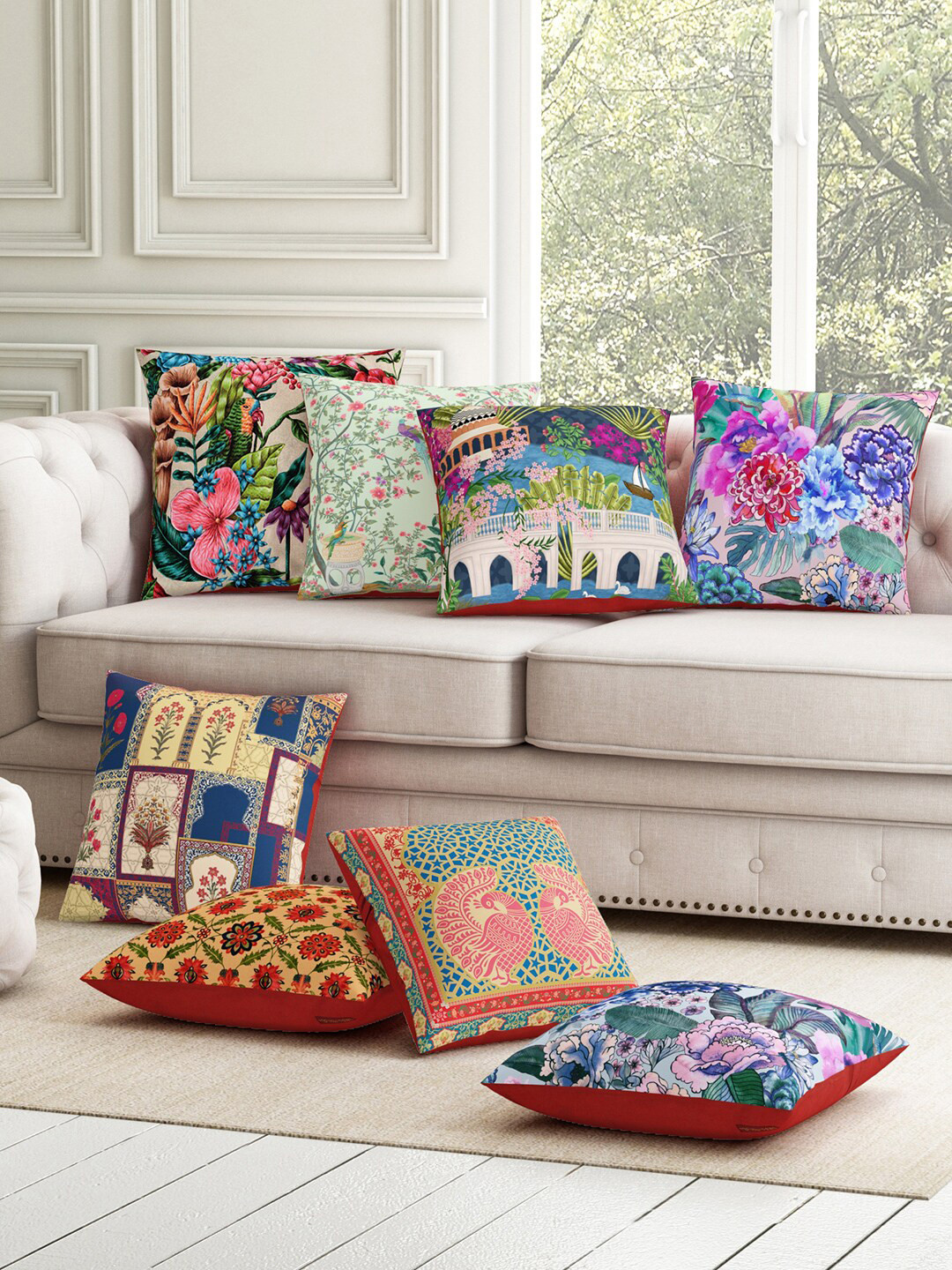 SEJ by Nisha Gupta Abstract Floral Polyester Washable 8 Pcs Cushion Covers - 11.8x11.8In