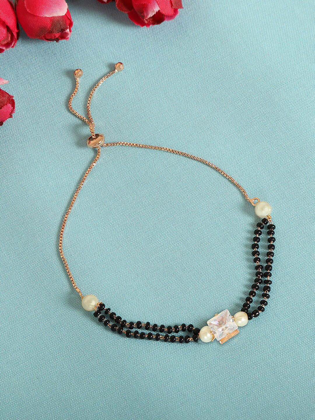 ZINU Women Rose Brass Cubic Zirconia Rose Gold-Plated Ring Bracelet