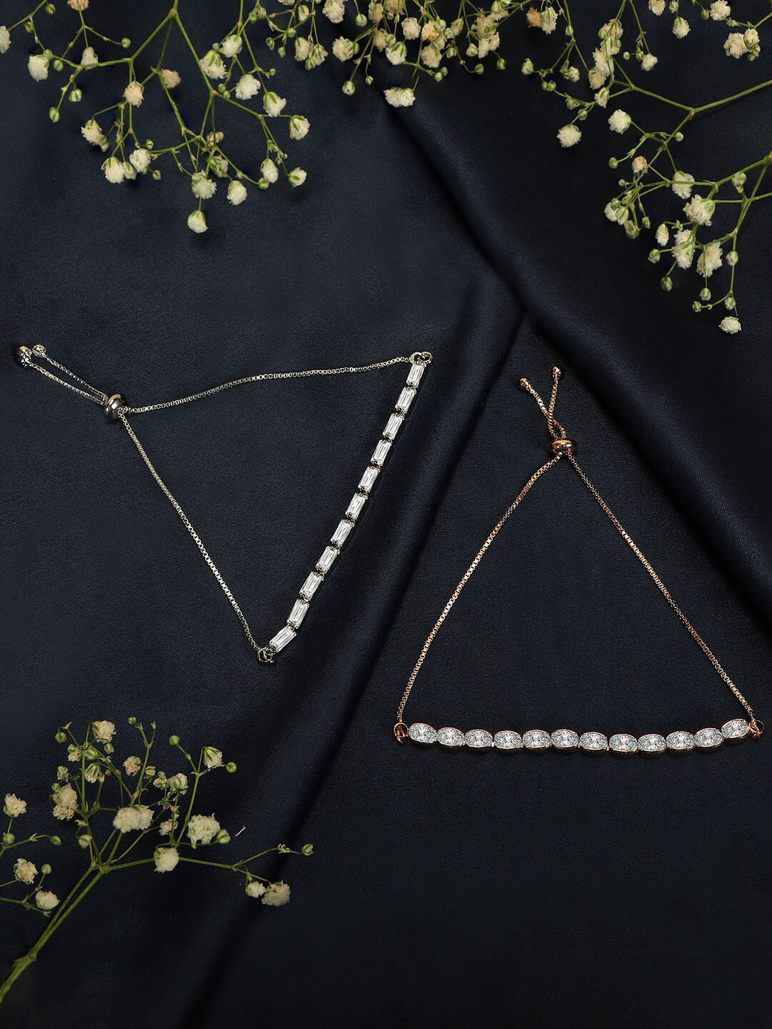 ZINU Women 2 Rose Brass Cubic Zirconia Rose Gold-Plated Cuff Bracelet