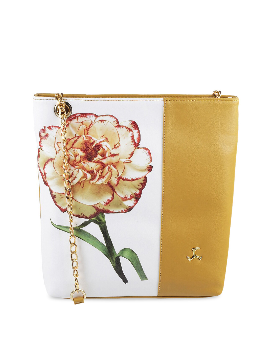 Mochi Yellow & White Printed Structured Sling Bag