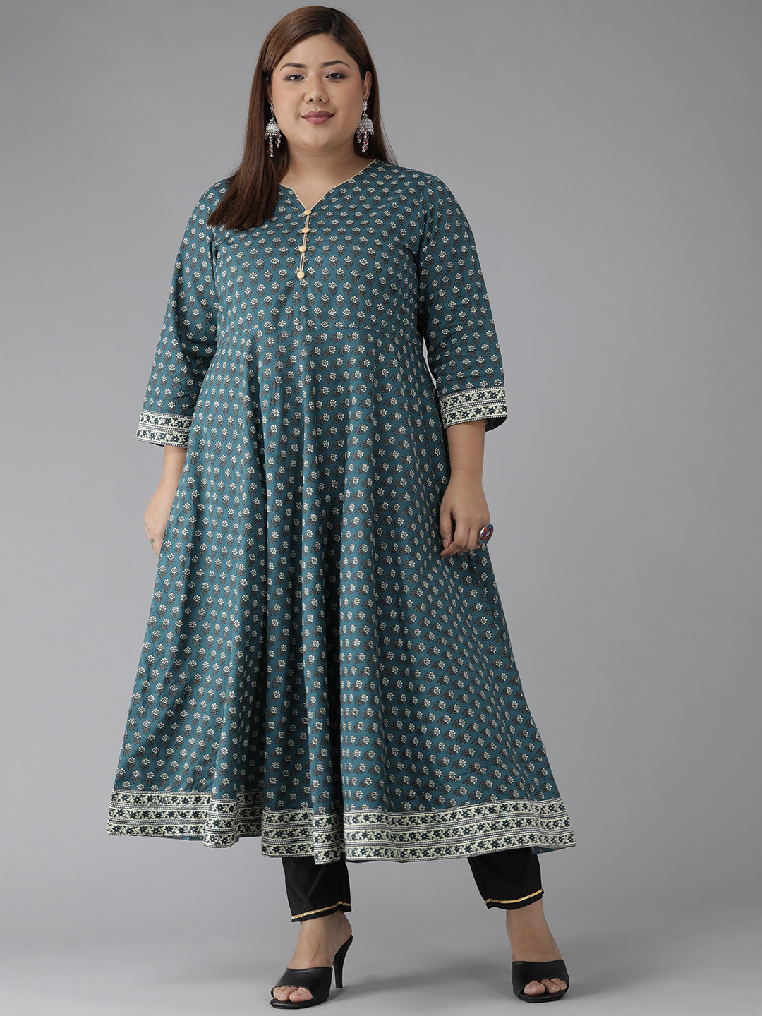YASH GALLERY Plus Size Women Teal Blue & White Ethnic Motifs Printed Kurta
