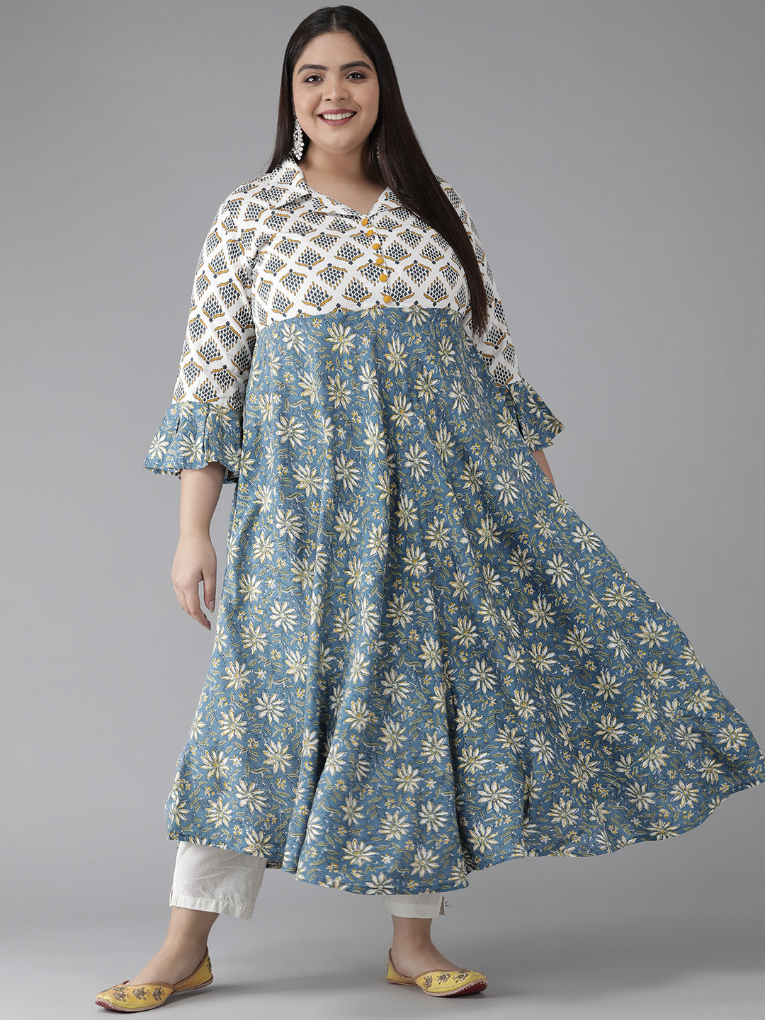 YASH GALLERY Plus Size Women White & Blue Ethnic Motifs Printed Bell Sleeves Kurta