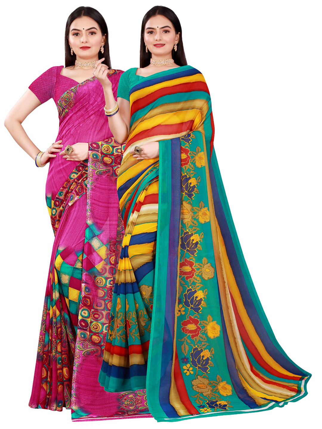 KALINI Magenta & Yellow Pure Georgette Saree