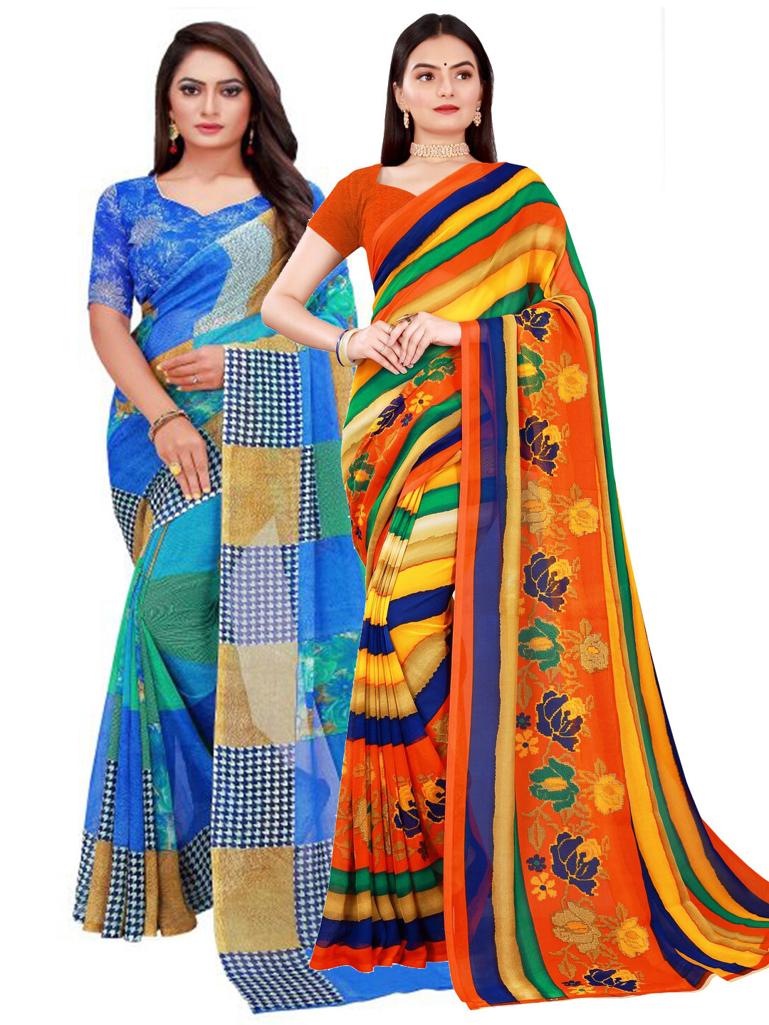 KALINI Blue & Green Pure Georgette Saree