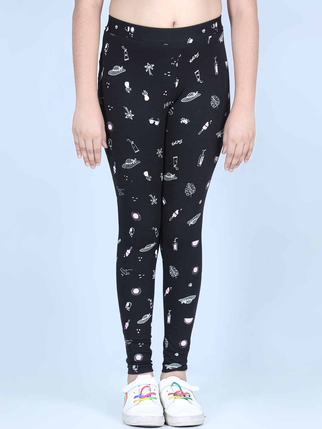 StyleStone Girls Black Printed Pure Cotton Ankle Length Leggings