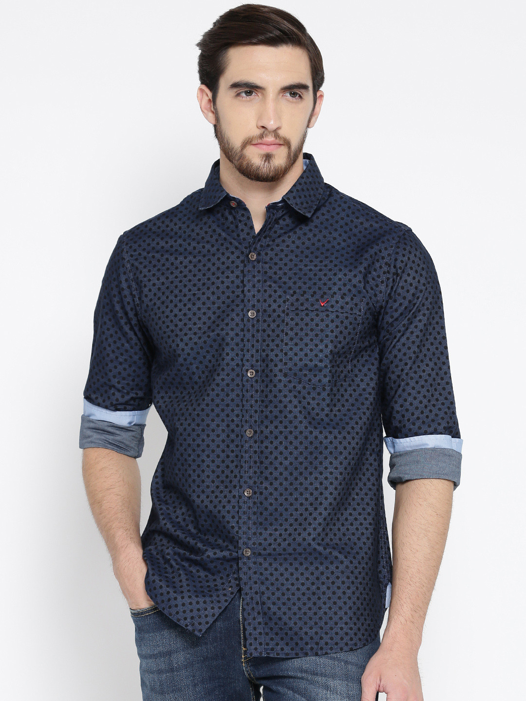 Wills Lifestyle Men Blue Slim Fit Printed Chambray Shirt