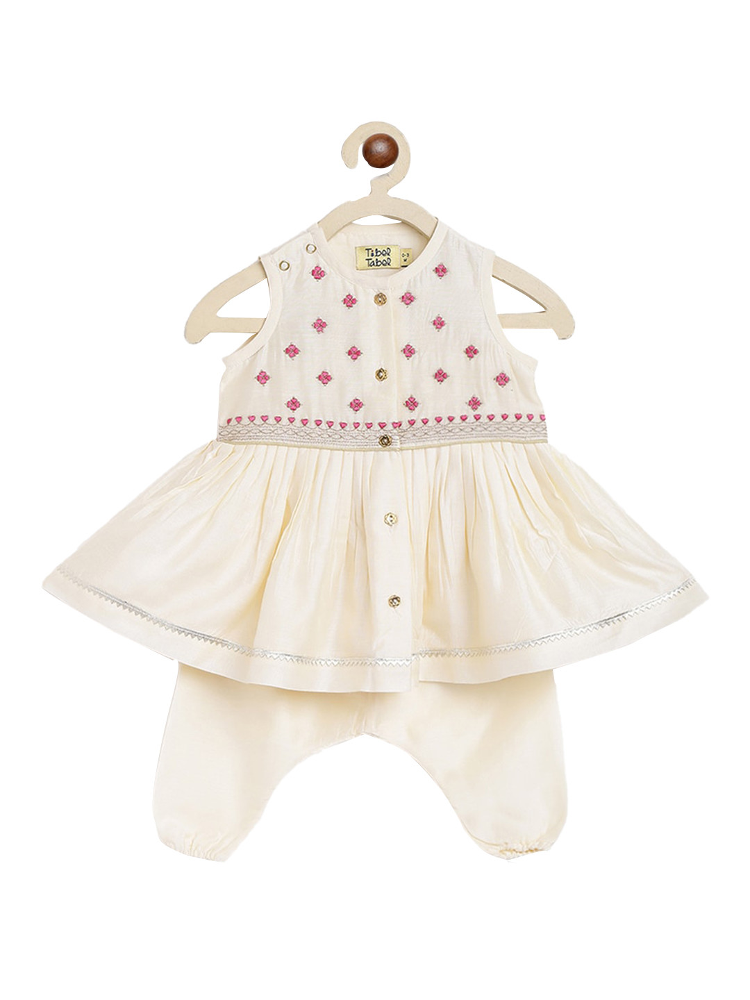 Tiber Taber Girls Off White Embroidered Angrakha Kurta with Salwar