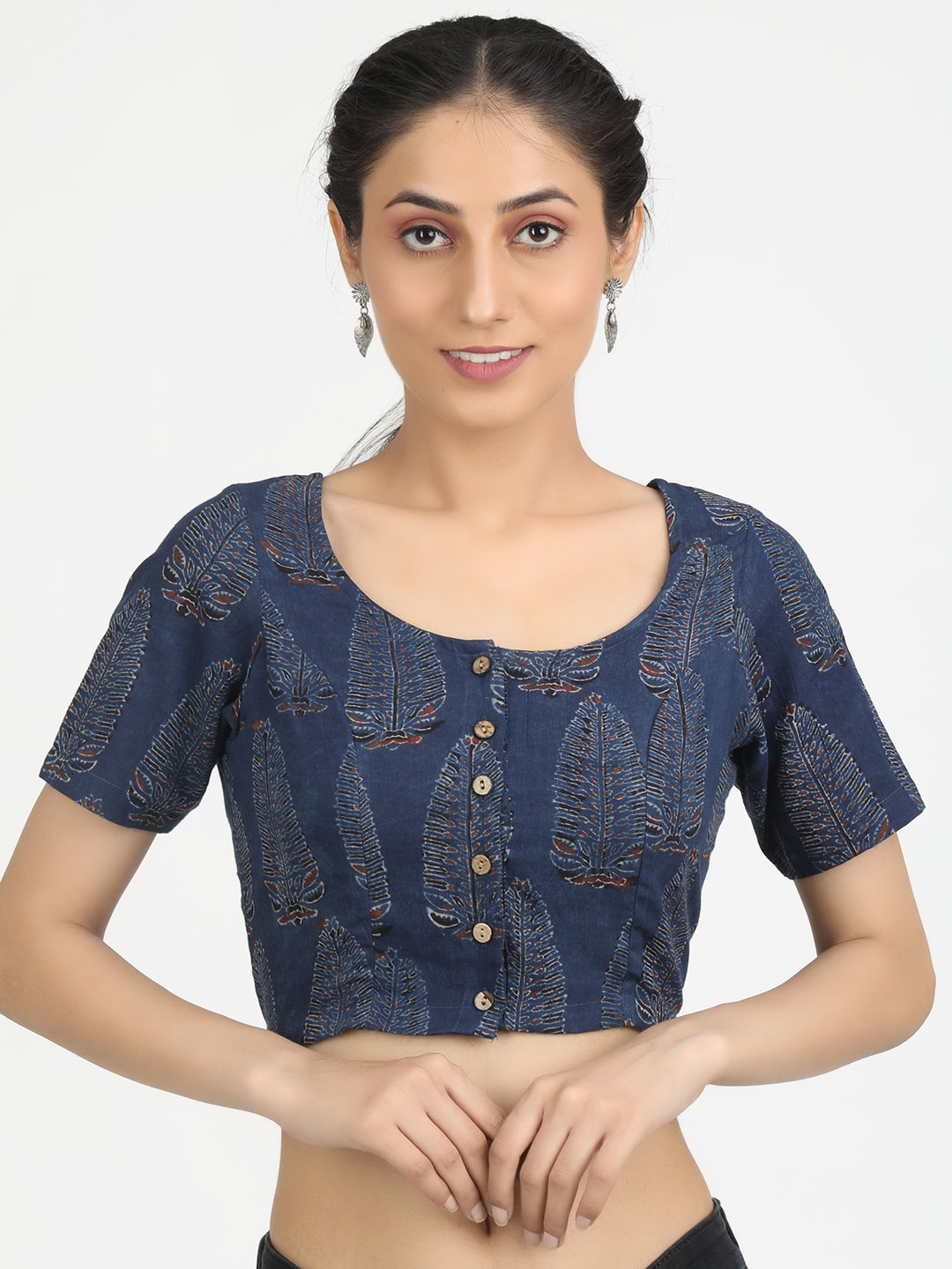 Llajja Blue & Orange Ajrakh Printed Pure Cotton Saree Blouse