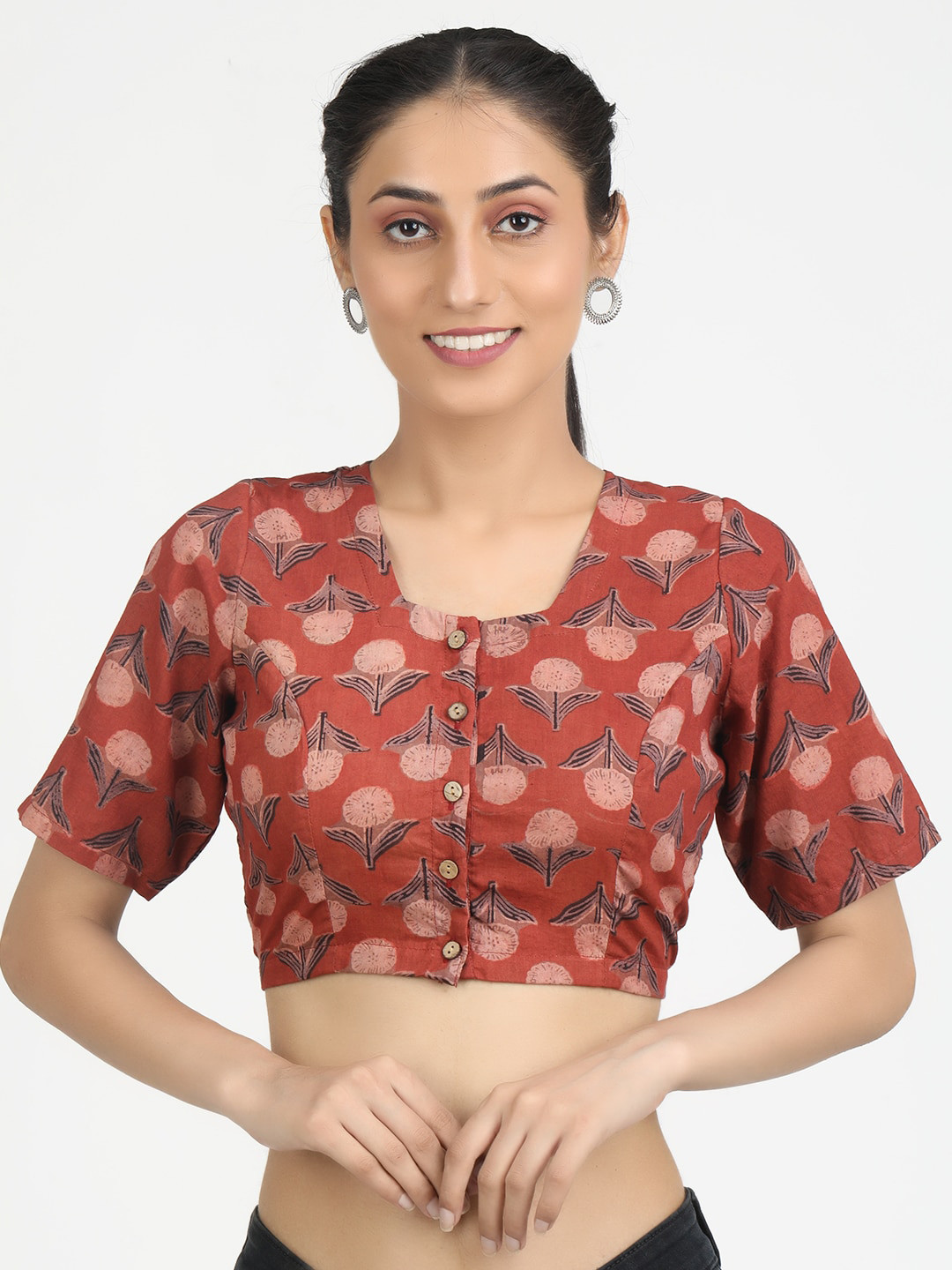 Llajja Women Maroon Ajrakh Block Printed Cotton Saree Blouse