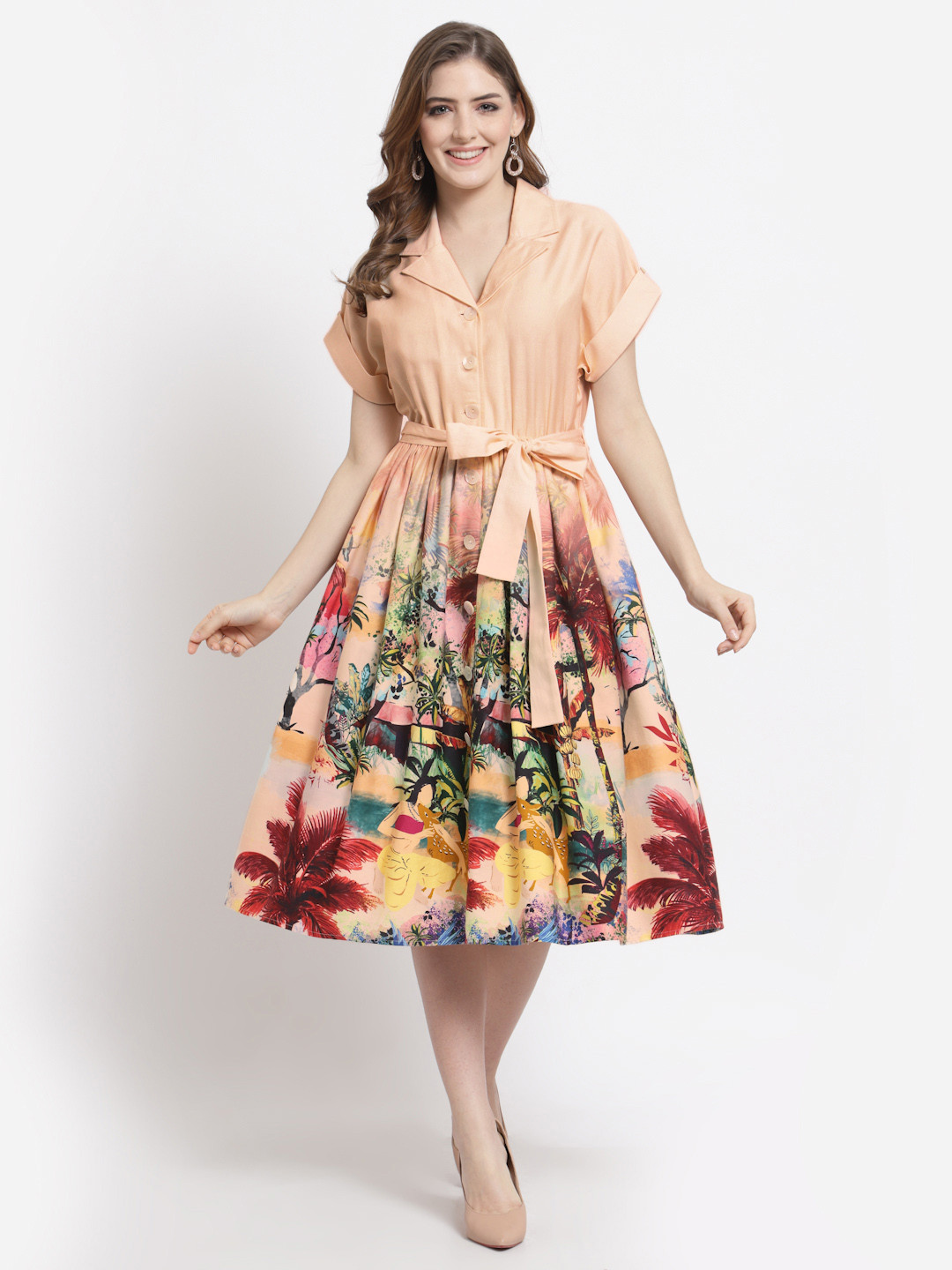 BLANC9 Peach-Coloured & Green Satin Shirt Dress