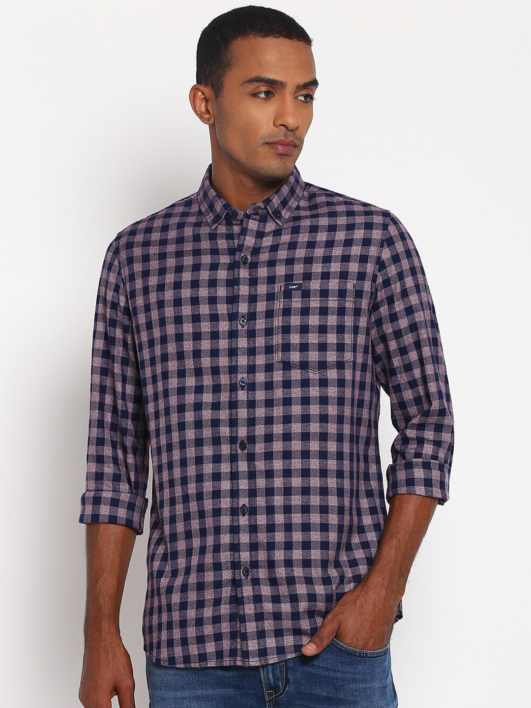 Lee Men Navy Blue & Peach Slim Fit Buffalo Checked Casual Shirt