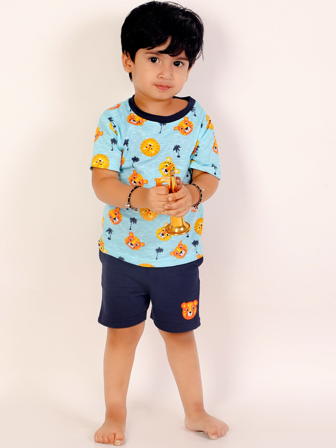 The Mom Store Boys Blue & Yellow Printed Night suit