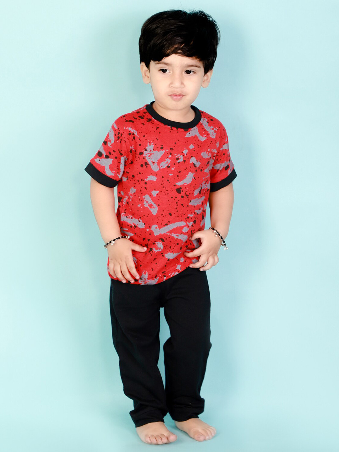 The Mom Store Boys Red Printed T-shirt with Trousers