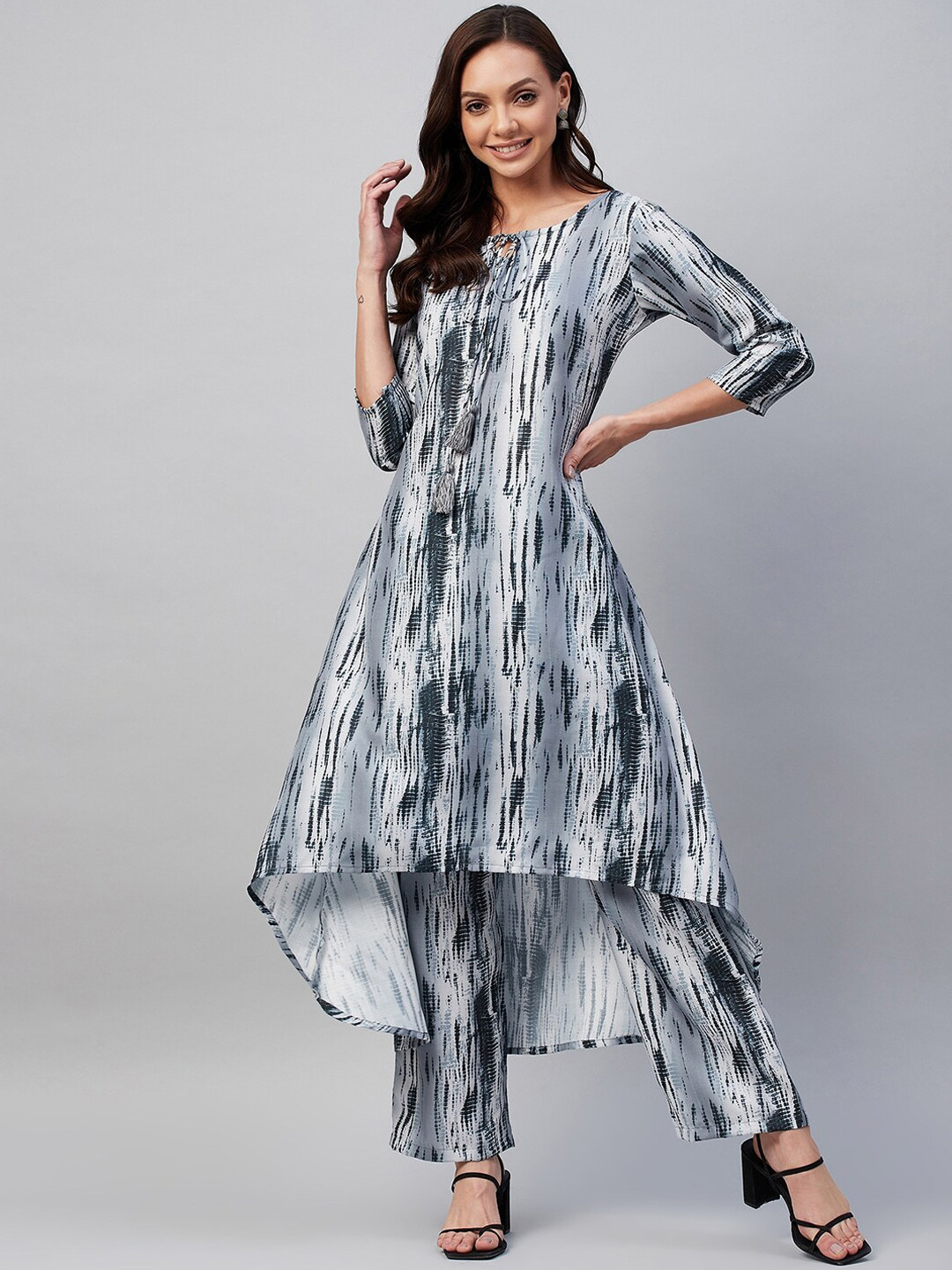 Azira Women Grey Striped Layered Pure Cotton Kurti with Palazzos