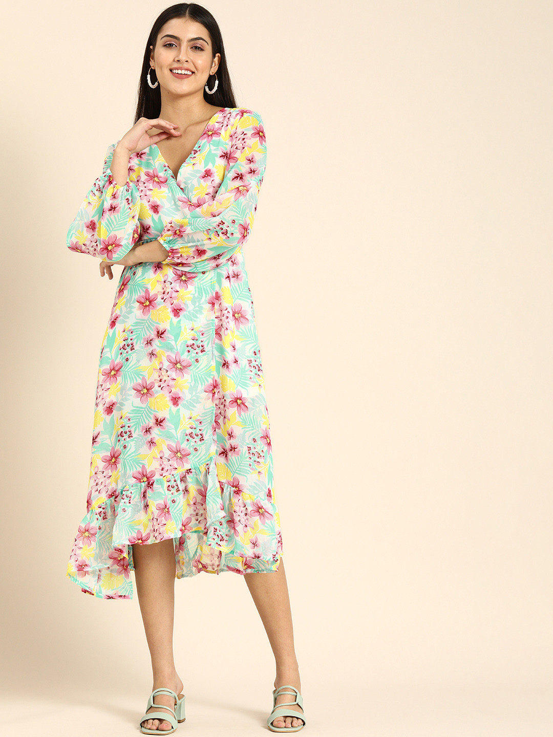 DODO & MOA White & Green Floral Print Georgette Midi Dress