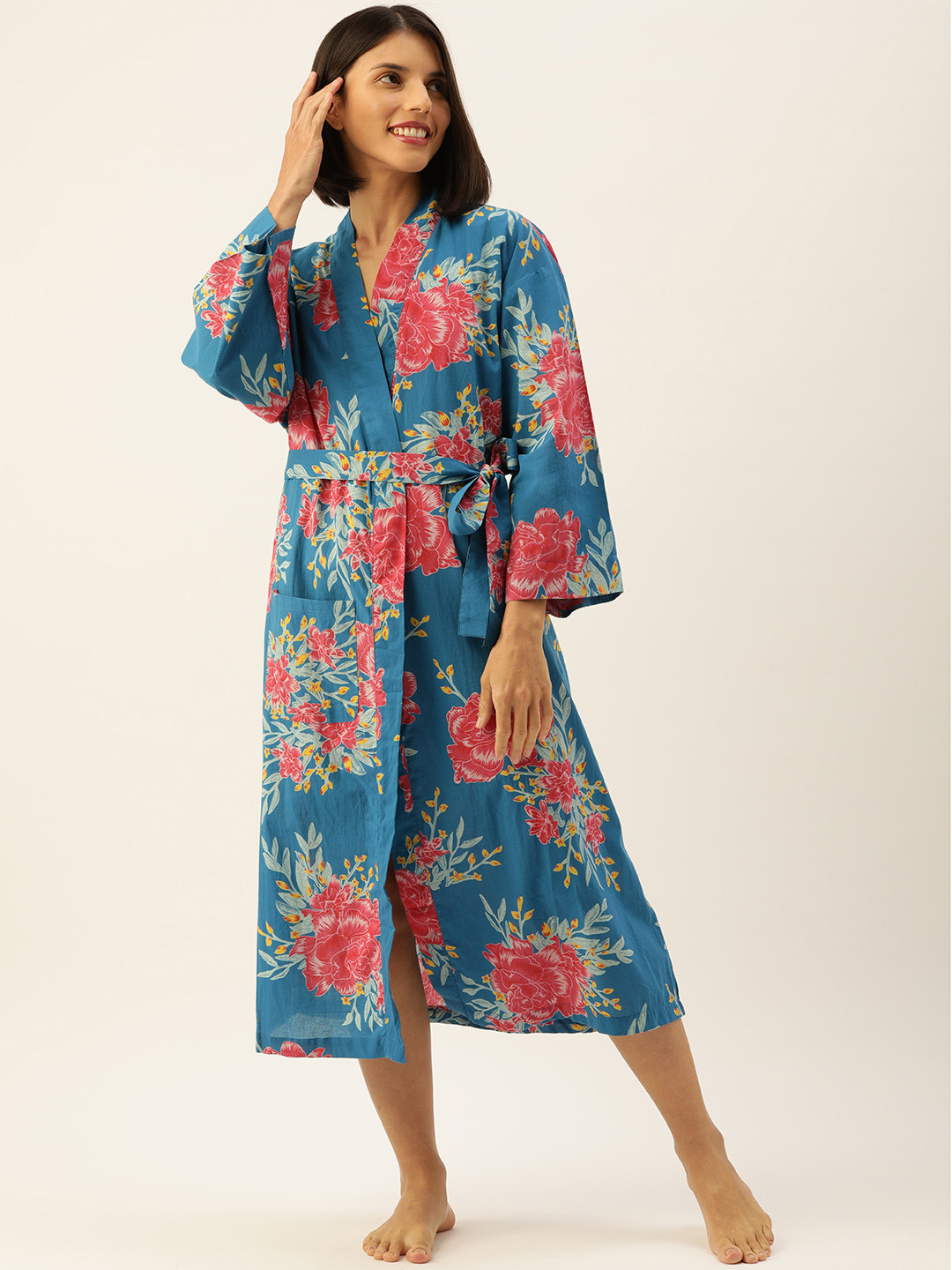 SANSKRUTIHOMES Blue & Red Printed Maxi Cotton Nightdress