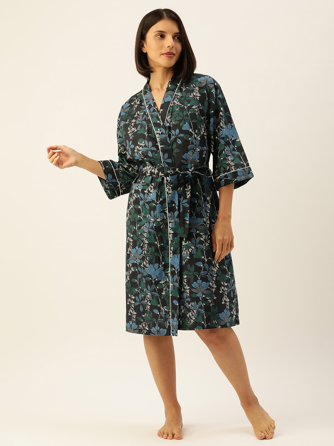 SANSKRUTIHOMES Navy Blue Printed Cotton Nightdress