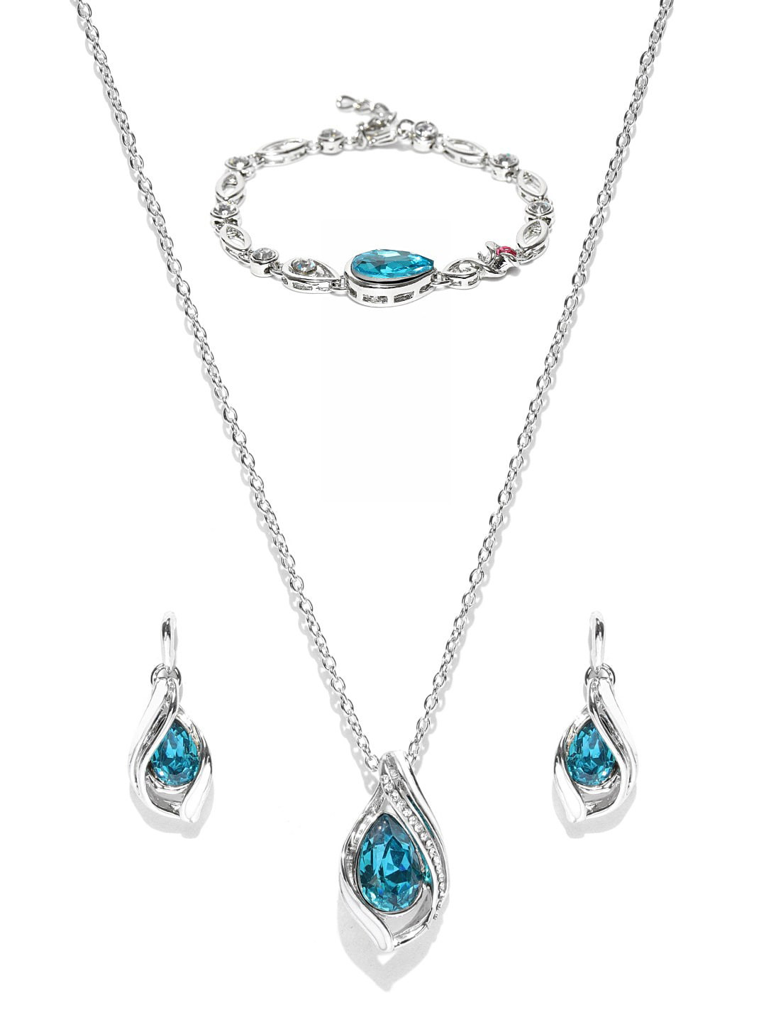 Mahi Rhodium-Plated Silver-Toned Blue Stone & Crystal Studded Jewellery Set